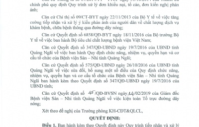 QUYẾT ĐỊNH BAN HÀNH QUY TRÌNH TIẾP NHẬN VÀ XỬ LÝ PHẢN ÁNH, KIẾN NGHỊ QUA ĐƯỜNG DÂY NÓNG